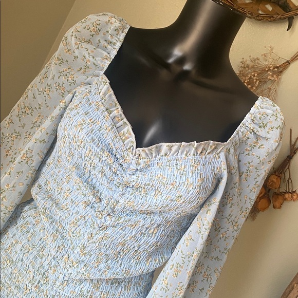 Hey Babe Light Blue Floral Sheer Sleeve Ruched Tie Dress - Picture 7 of 17